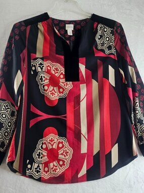 Chicos Asian art Top Tunic Red Black Size 1/M Velvet Trim Long Sleeve Abstract